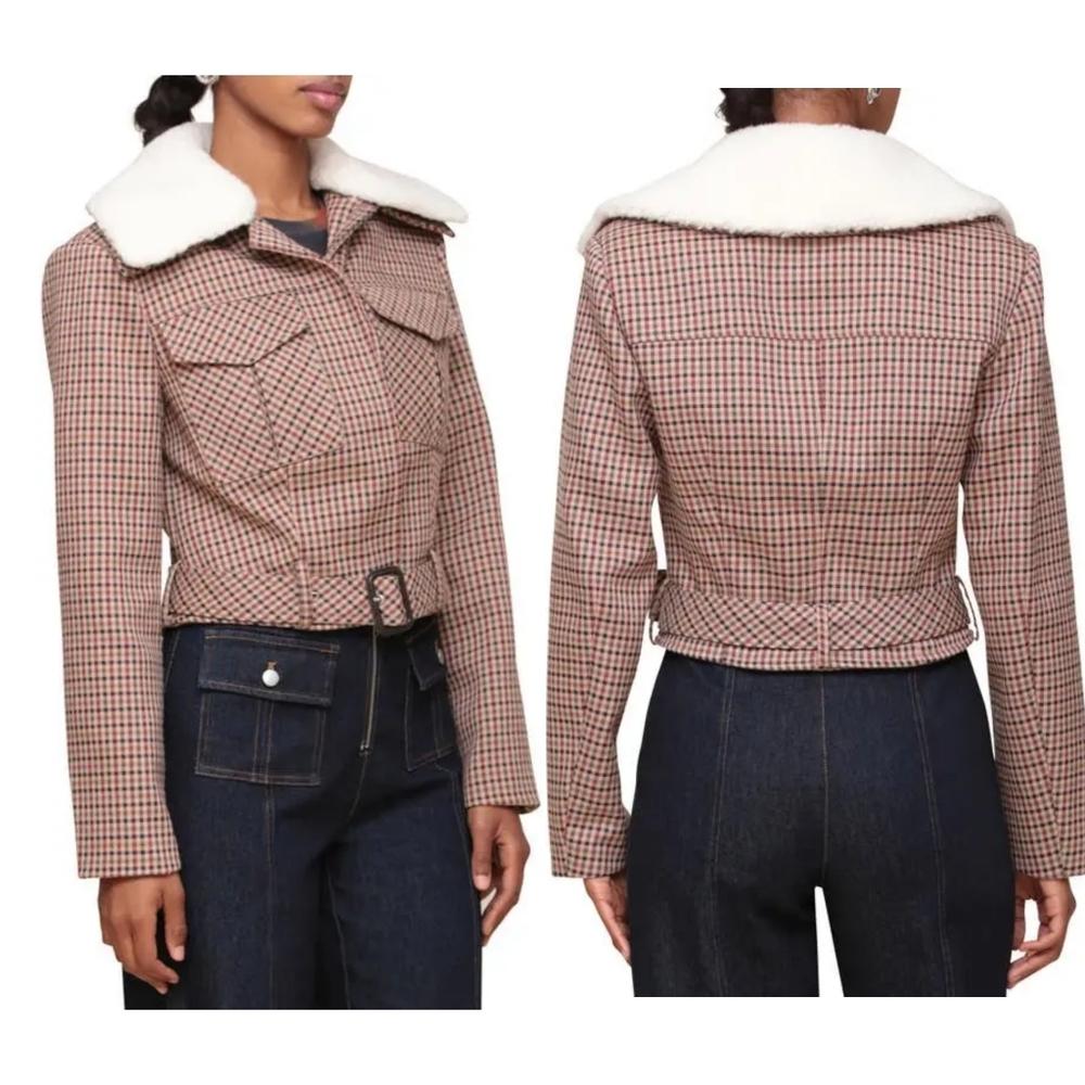 Avec Les Filles cropped Padded Shoulder Belted Plaid jacket Small - Picture 2 of 9